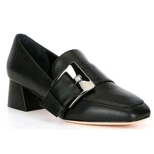 Deltan Sz 7 Veronica Black Leather Metal Buckle Flared Block Heel Pumps